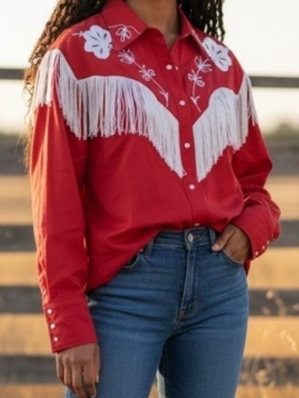 Red Western Fringe Button-Down Shirt with White Embroidery